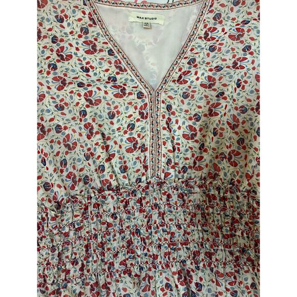 Max Studio Georgette Dress Smocked Mini XS V-Neck Tiered Skirt Like New Lined - Picture 5 of 10